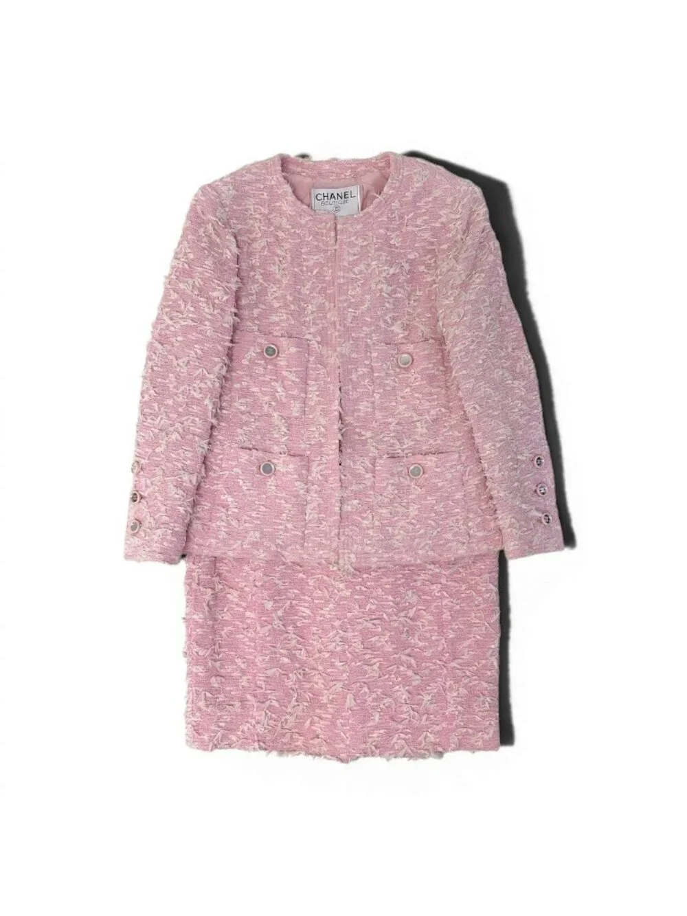 Chanel Boutique Fancy Tweed Jacket Pockets CC Logo Mirror Button Pink